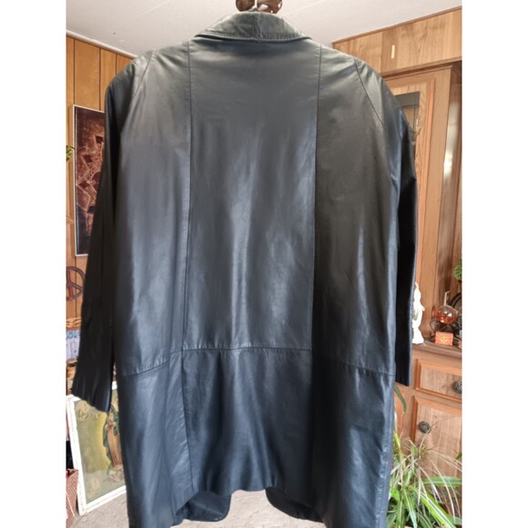 Vintage 1980s long black leather coat open front large pockets women's 1X - Picture 3 of 4